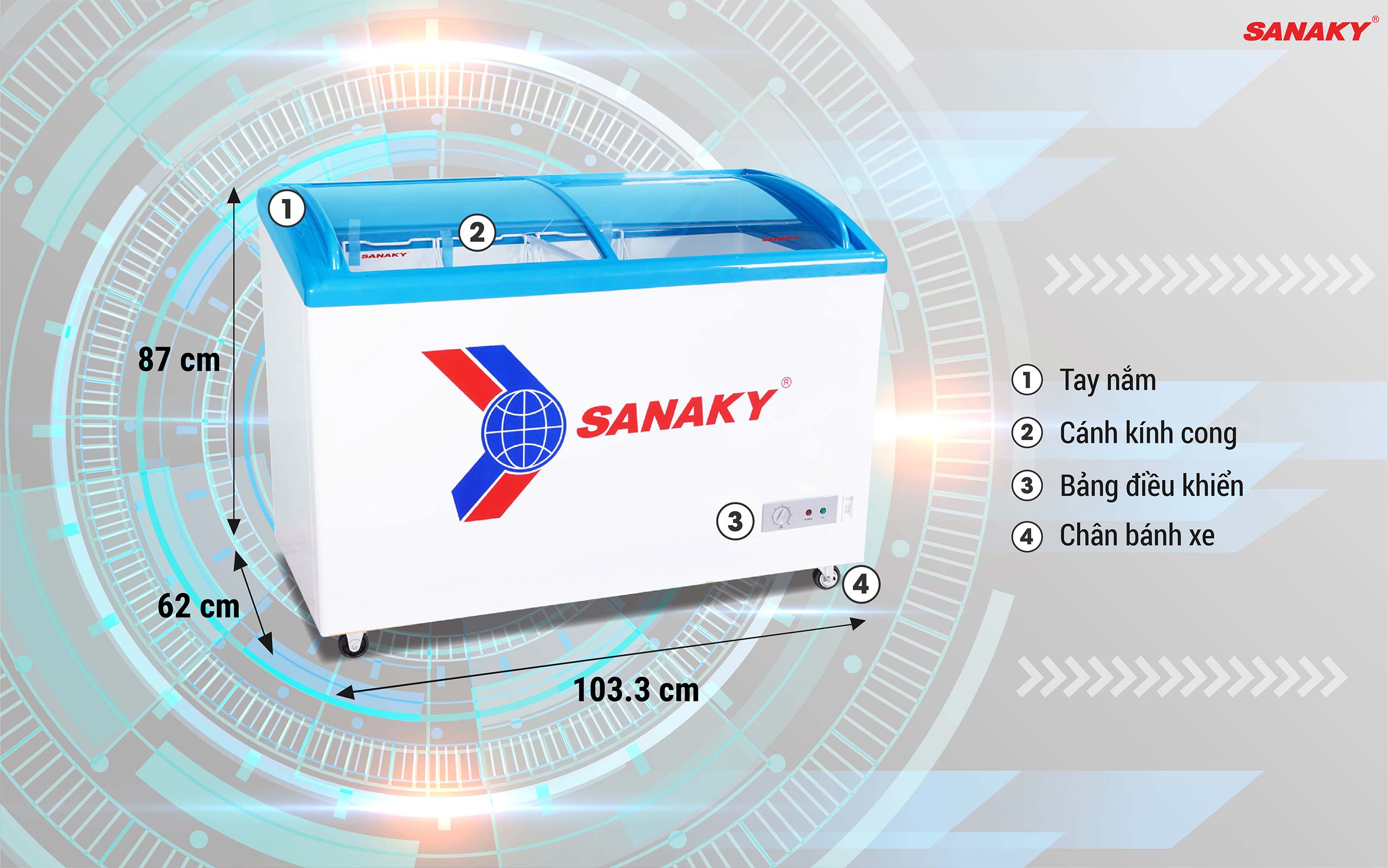 Tủ Đông Sanaky VH-382K 260 lít cánh kính cong