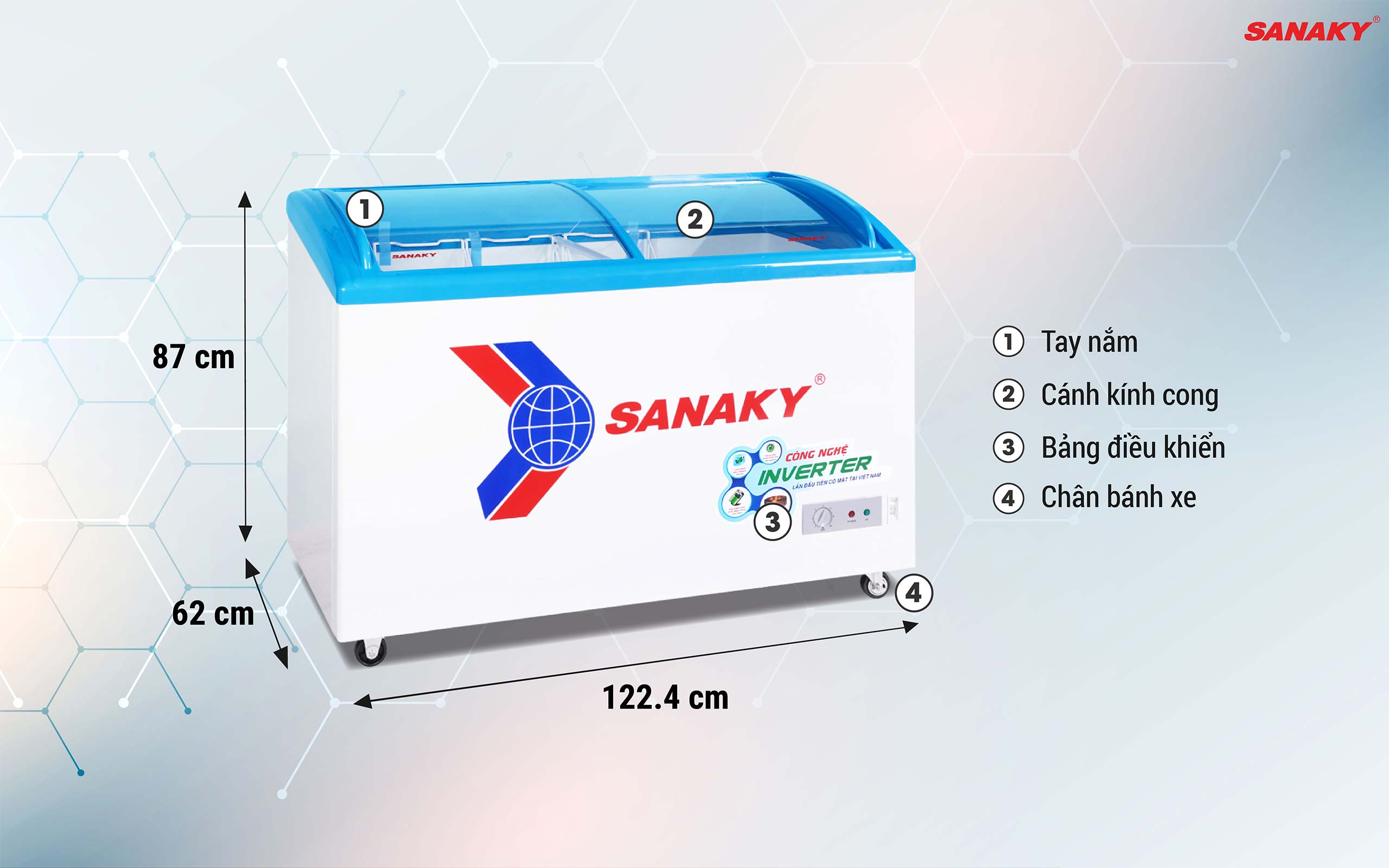 Tủ Đông Sanaky Inverter VH-4899K3 340 lít, mặt kính cong