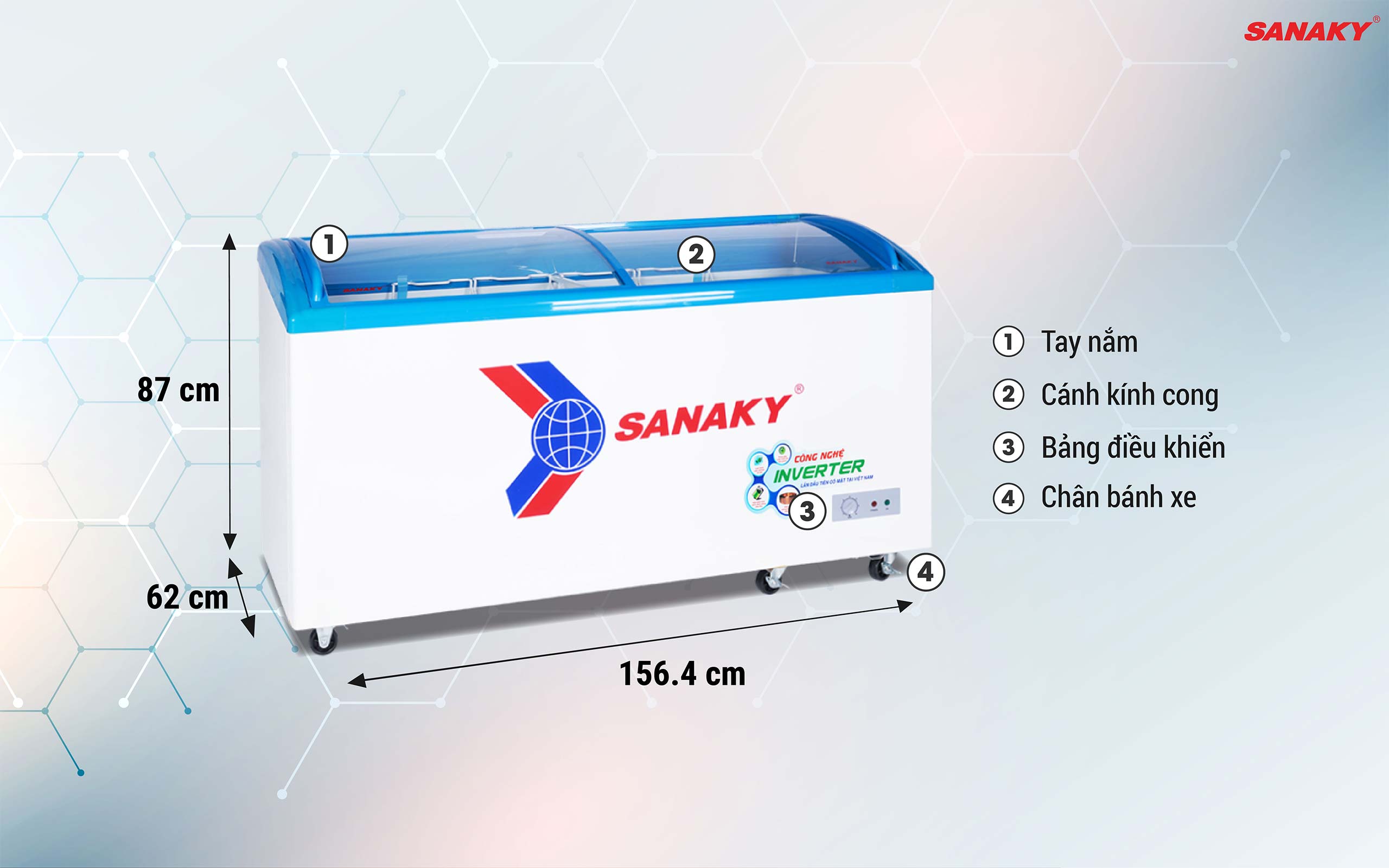 Tủ Đông Sanaky Inverter VH-6899K3 450 lít, Mặt kính cong