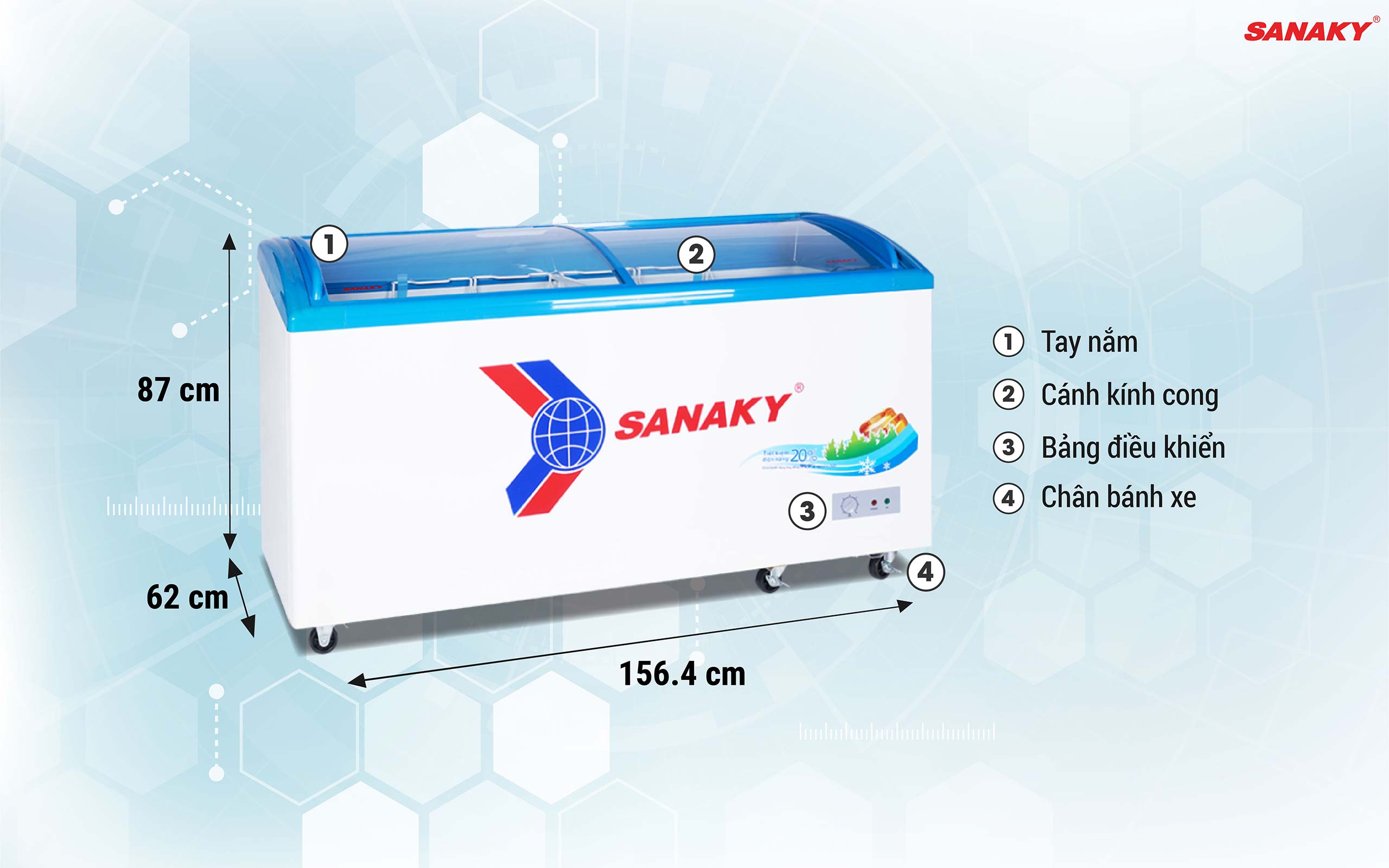 Tủ Đông Sanaky VH-6899K 450 lít, Mặt kính cong